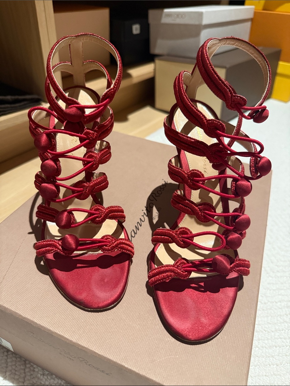 Gianvito Rossi Red Knotted Strappy Satin Heels - Picture 1 of 6